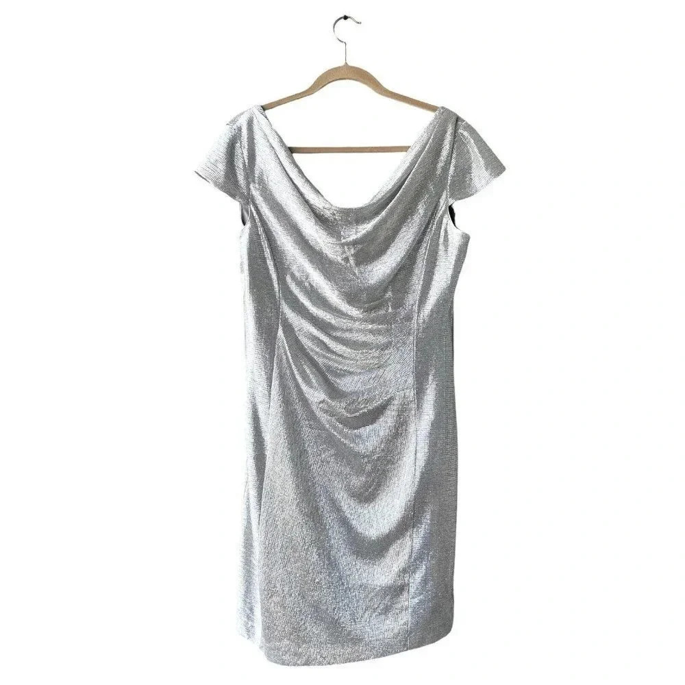 TAHARI AUTHUR S LEVINE Dress Women’s 14 Silver Powder Champagne Formal Cowl-neck